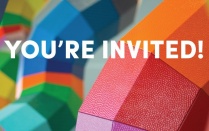 Colorful background with the words "You're Invited". 