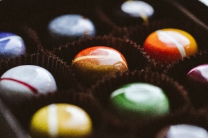 Multicolored pieces of chocolate. 