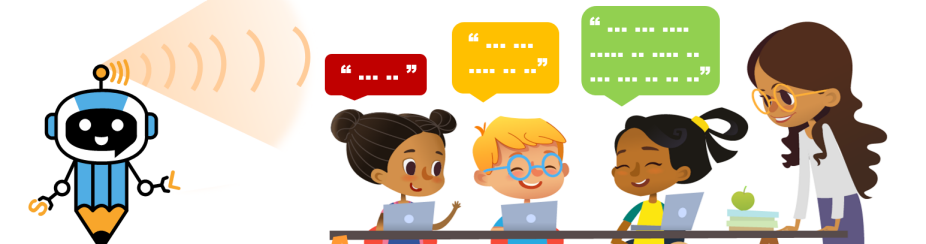 Illustration of AI Screener robot interacting with children and teacher. 