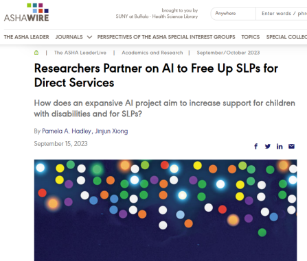 Website screen capture with headline 'Researchers Partner on AI to Free Up SLPs for Direct Services'. 