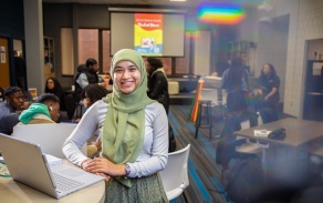 Samiha Islam, a diversity advocate in UB’s Intercultural and Diversity Center, and a student studying health and human services and statistics, is photographed in the IDC in the Student Union in February 2023. Photographer: Douglas Levere. 