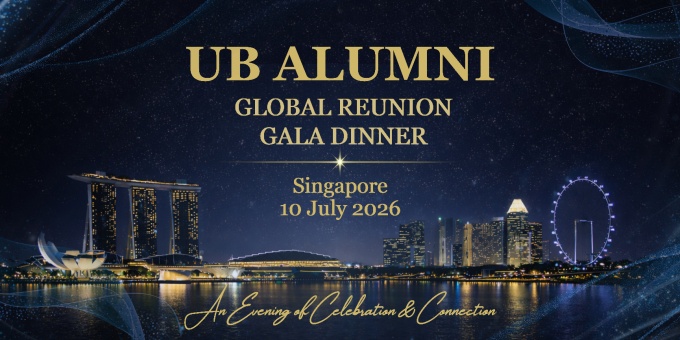 UB Alumni Global Reunion Gala Dinner - July 10, 2026 Banner with Singapore skyline in background. 