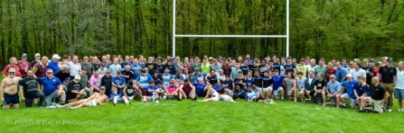 A True Blue group picture from the 40th UB Alumni rugby game in 2024 with many of the players from the first game, including photo submitter Bob Swan, BS '83. 