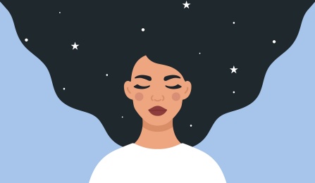 A cartoon image of a woman with her eyes closed, with her mind surrounded by stars. 