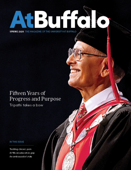 Cover of the Spring 2026 issue of At Buffalo Magazine, featuring UB President Satish K. Tripathi in commencement regalia from 2025. 