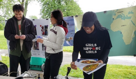UB Food Lab team shares data through interactive activities at the Juneteenth Agriculture Pavilion in Buffalo. Pictured, from left: Zachary Korosh, Yeeli Mui and Sydney Jones. 