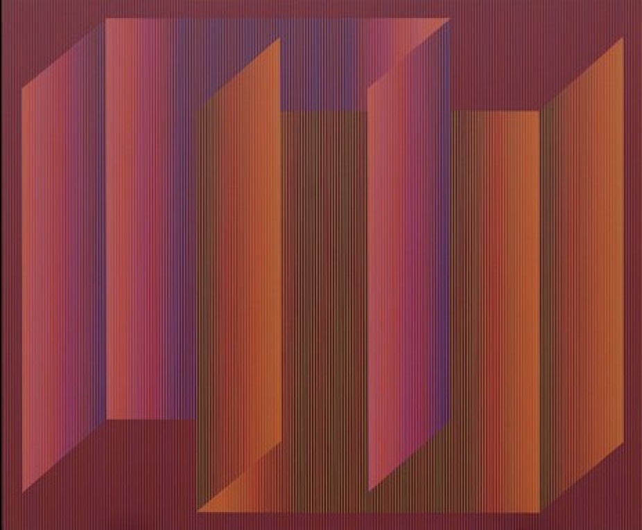 Image of triangular abstract forms created with fine lines in pink, violet, purple, yellow, orange and green. 