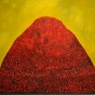Painting by David Schrim of a black mound with red dots against a gold background. 