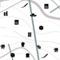 Pictograms of daily object; lipsticks, pen, hat, cart, leaves etc. in black with light greenish gray straight lines and light purple gray curves. 