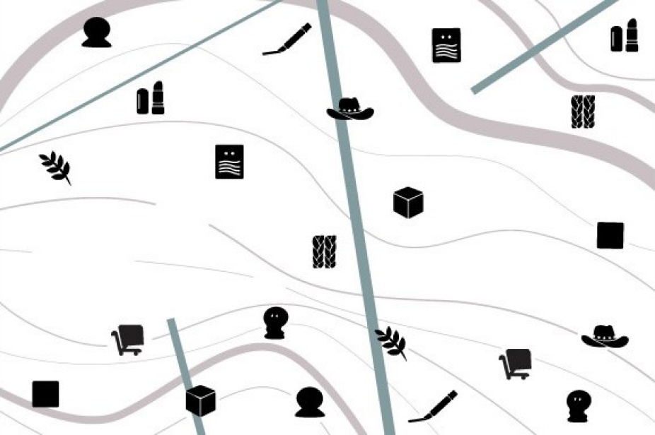 Pictograms of daily object; lipsticks, pen, hat, cart, leaves etc. in black with light greenish gray straight lines and light purple gray curves. 