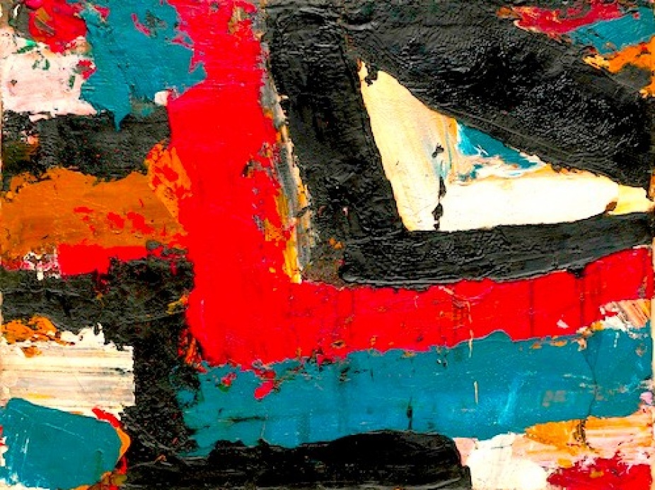Painting by Al Held of tracing white triangle on the top right corner with black, red, orange, turquoise lines. 