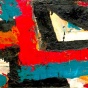 Painting by Al Held of tracing white triangle on the top right corner with black, red, orange, turquoise lines. 