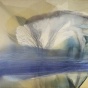 Painting by Paul Jenkins with horizontal blue band and passage of pure white with layers of blue, gray and green overlapped in the center. 