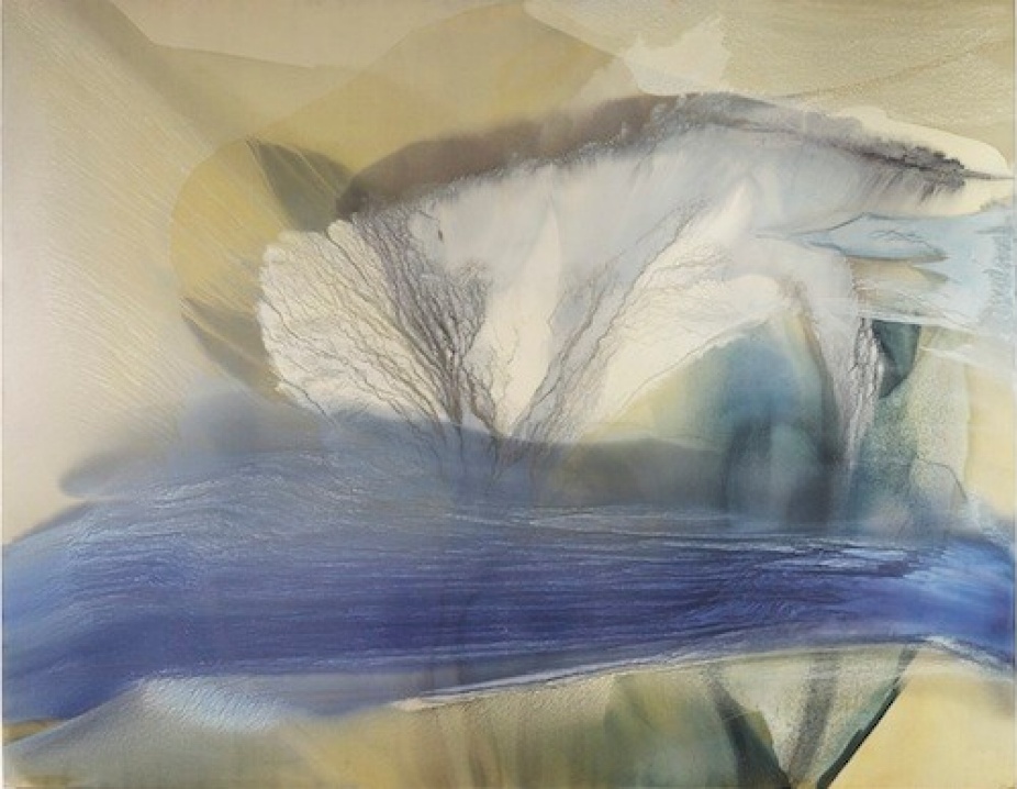 Painting by Paul Jenkins with horizontal blue band and passage of pure white with layers of blue, gray and green overlapped in the center. 