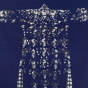 Collage by Alyssa Pheobus Mumtaz of golden silk collaged on indigo paper configuring Japanese traditional robe form. 
