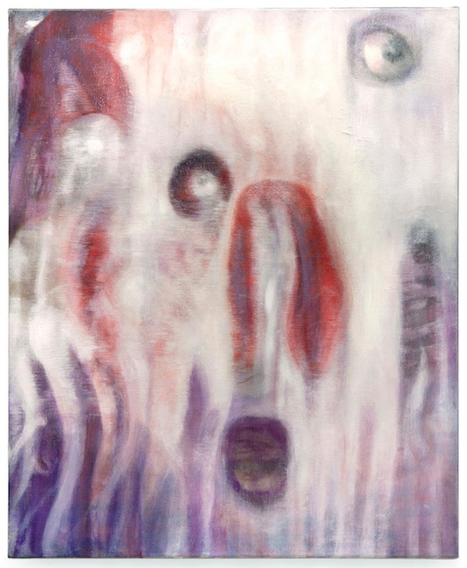 Painting by Bracha of abstract forms in white, purple and red. 
