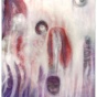 Painting by Bracha of abstract forms in white, purple and red. 