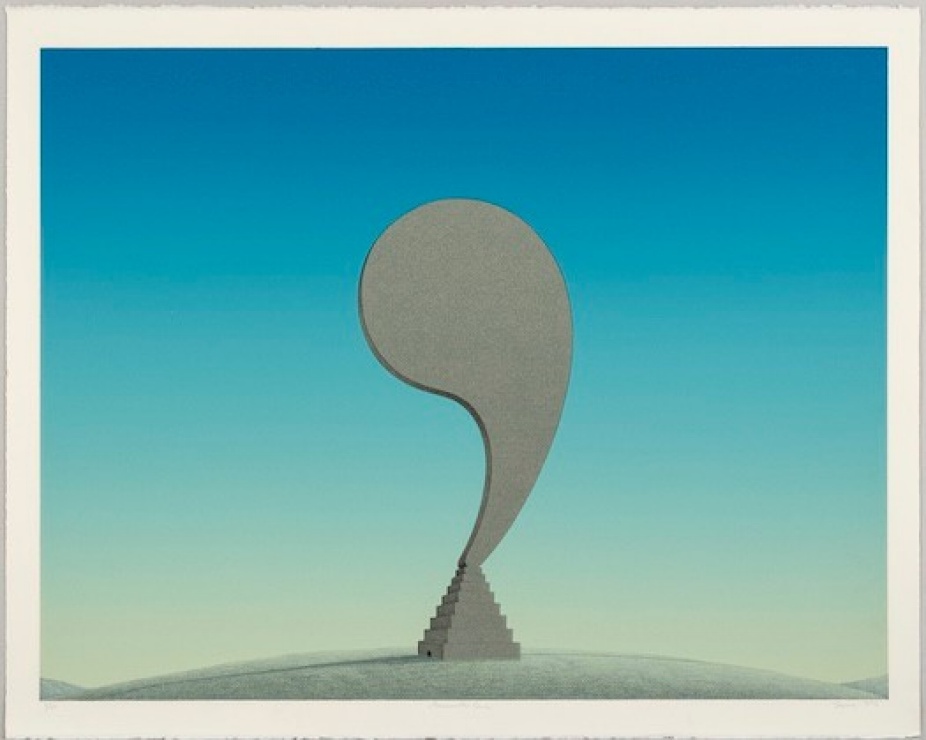 Lithography by Bruce Lowney of big gray comma on top of small pyramid in the center of the image with gradient of blue from yellow fading from top to bottom. 