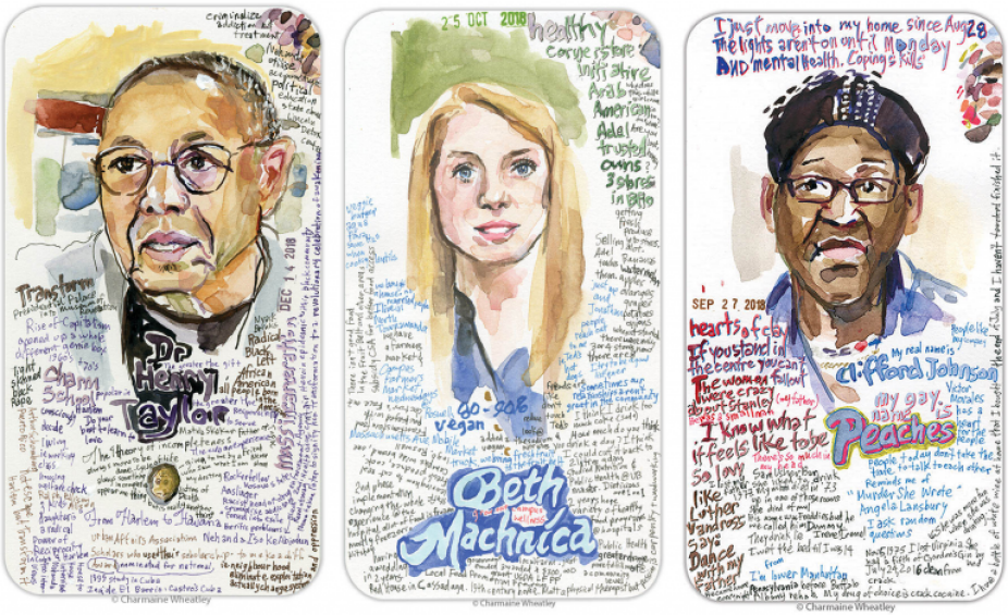 Scanned images of three cards, each with a watercolor painting of a figure on them and lots of text. Much of the text is illegible, but the first image is identified as Dr. Henry Taylor, the second is Beth Machnica, and the third is Clifford Johnson aka Peaches. 