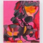 Installation photo of Annie Bielski: Strutting Fretting. A painting with a primarily pink background and abstract forms in gray, black and yellow. 