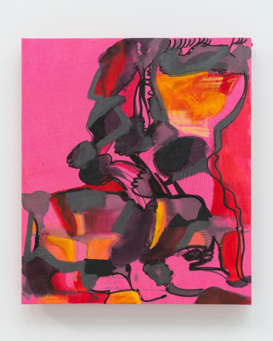 Installation photo of Annie Bielski: Strutting Fretting. A painting with a primarily pink background and abstract forms in gray, black and yellow. 