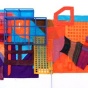 A photo of an abstract painting. The canvase is a long rectangular shape with parts jutting out. Abstract forms cover the inside including grids and geometric shapes. 