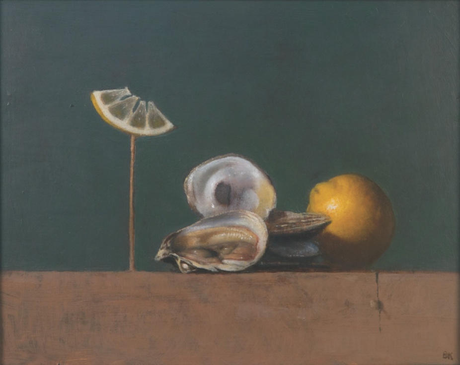 Bruce Kurland, Oysters on the Half Shell with Lemon, 1979. Oil on panel, 8 x 10 inches. Collection of Christina Zuccari. Courtesy of the artist estate. 
