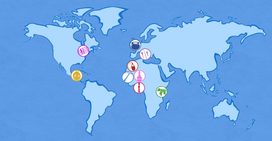 A map of the world with small icons placed over the Northern US, Central America, Europe, and Africa. 