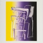 a monotype print with a gradient background that moves from yellow to purple to black. Scratched into the gradient are straight but abstract lines. 
