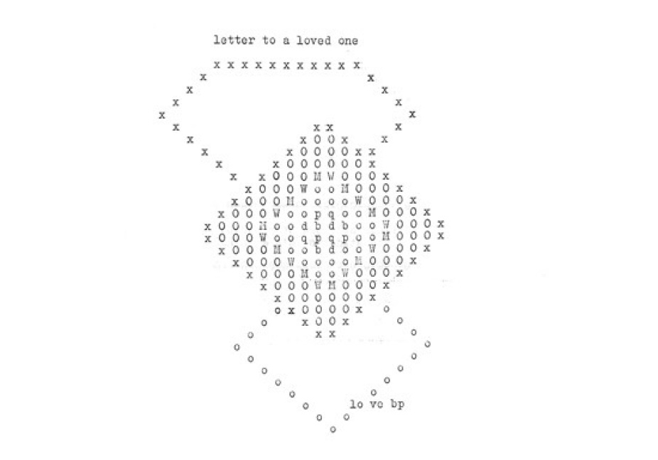 bpNichols concrete poetry reads "a letter to a loved one" near the top, and "love bp" near the bottom. In the middle there are three diamond shapes made up of typewriter letters, x's and o's. 