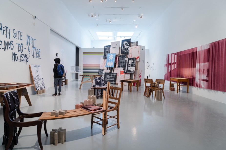 Installation photo of UB Art Galleries presentation of F: Reconstituting Tolstoy College, an exhibition made by Collective Question. 