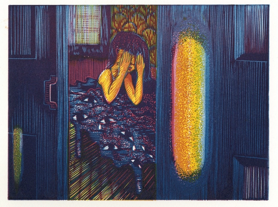 A print by Wuon-Gran Ho looking through a partially closed door at a female figure covering her eyes. She leans on a bed covered in eyes. 