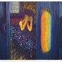 A print by Wuon-Gran Ho looking through a partially closed door at a female figure covering her eyes. She leans on a bed covered in eyes. 