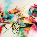 detail image from an aerosol painting by FUTURA. abstract sprays of yellow, orange, blue, green and red with a line drawing above that hints towards forms but isn't clearly anything. 