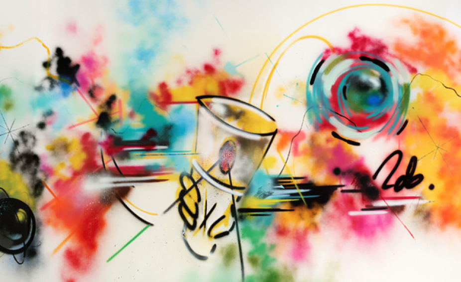 detail image from an aerosol painting by FUTURA. abstract sprays of yellow, orange, blue, green and red with a line drawing above that hints towards forms but isn't clearly anything. 