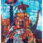 A woodblock print on paper by Zorawar Sidhu and Rob Swainston with many images overlayed including a monument with a person on horseback in the center, an image of a woman in red white and blue holding her cowboy hat up to the sky, and a protest sign that reads "our heritage.". 