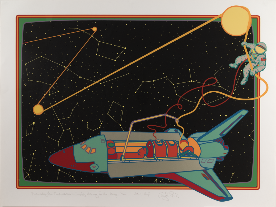 A serigraph by Clayton Pond depicting a blue spaceship with an open top. An astronaut is out of the ship, holding on to a yellow tube that is strung around planets throughout the background. 