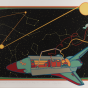 A serigraph by Clayton Pond depicting a blue spaceship with an open top. An astronaut is out of the ship, holding on to a yellow tube that is strung around planets throughout the background. 