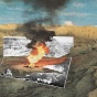 a collaged image by Christy Rupp; a dry desert mountain landscape on top of blue clouds. In the center there is a flame coming from the ground, letting off black smoke, and around it is a torn photo of a landscape. 