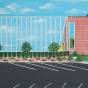 A painting by Curtis Robinson depicting the exterior of UB Anderson Gallery on a clear, blue-skied day. The building&rsquo;s distinctive brick and glass fa&ccedil;ade stretches across the canvas, flanked by manicured landscaping and an empty parking lot in the foreground. On the right, a bold black abstract sculpture anchors the curved driveway near a small white gazebo. To the far right, colorful houses in yellow, white, and blue add a residential backdrop, with visible power lines and a hand-painted sign reading &ldquo;Anderson Gallery Exhibition Entrance.&rdquo;. 