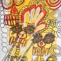 A vibrant mixed-media work featuring bold red, yellow, green, and black forms outlined in heavy black lines. The composition includes abstracted flowers with green centers and radiating red petals, spiraling circular motifs, and skeletal figures with triangular noses, round eyes, and teeth-like grids. A large yellow hand with red and white accents emerges from the center, surrounded by looping organic shapes and layered patterns. The background is mostly yellow with subtle variations in tone and texture. 