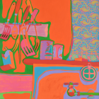 Brightly colored, stylized painting of a kitchen sink scene rendered in flat, high-contrast colors. Neon orange dominates the background, with green outlines framing hanging utensils&mdash;spatulas, forks, and knives&mdash;suspended from a rack. Below them sit two cylindrical cans on a red countertop. At right, a turquoise and orange patterned curtain fills the edge of the composition. The sink basin is outlined in lavender and teal, with a green faucet and red handle, all simplified into bold, graphic shapes. The overall effect is playful and pop-inflected, with exaggerated color and flattened perspective. 