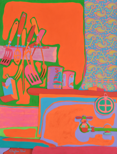 Brightly colored, stylized painting of a kitchen sink scene rendered in flat, high-contrast colors. Neon orange dominates the background, with green outlines framing hanging utensils—spatulas, forks, and knives—suspended from a rack. Below them sit two cylindrical cans on a red countertop. At right, a turquoise and orange patterned curtain fills the edge of the composition. The sink basin is outlined in lavender and teal, with a green faucet and red handle, all simplified into bold, graphic shapes. The overall effect is playful and pop-inflected, with exaggerated color and flattened perspective.
