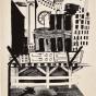 Black and white lithograph by Ida Adler depicting a partially constructed or demolished building framed by a white picket fence and angled support beams. Stylized urban architecture rises behind the site, including arched windows, geometric rooftops, and simplified high-rise buildings. A shadow from a streetlamp or post stretches across the foreground. Created in 1937, the print reflects WPA-era interest in urban labor and modernist abstraction. 