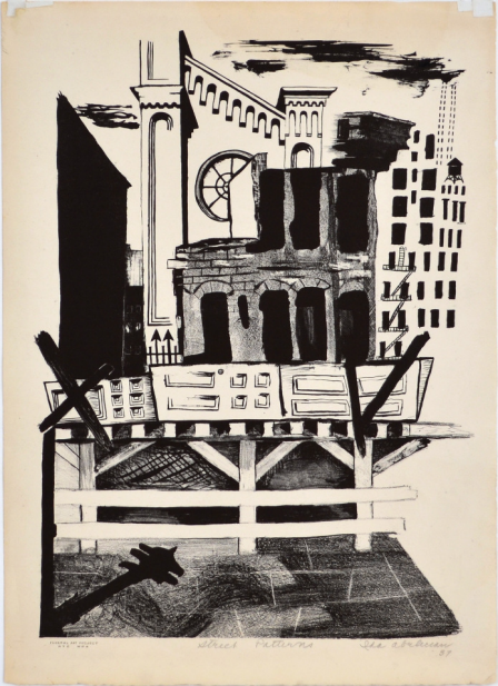 Black and white lithograph by Ida Adler depicting a partially constructed or demolished building framed by a white picket fence and angled support beams. Stylized urban architecture rises behind the site, including arched windows, geometric rooftops, and simplified high-rise buildings. A shadow from a streetlamp or post stretches across the foreground. Created in 1937, the print reflects WPA-era interest in urban labor and modernist abstraction. 