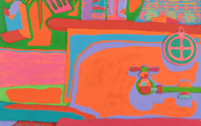 Brightly colored, stylized painting of a kitchen sink scene rendered in flat, high-contrast colors. Neon orange dominates the background, with green outlines framing hanging utensils&mdash;spatulas, forks, and knives&mdash;suspended from a rack. Below them sit two cylindrical cans on a red countertop. At right, a turquoise and orange patterned curtain fills the edge of the composition. The sink basin is outlined in lavender and teal, with a green faucet and red handle, all simplified into bold, graphic shapes. The overall effect is playful and pop-inflected, with exaggerated color and flattened perspective. 