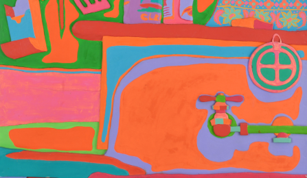 Brightly colored, stylized painting of a kitchen sink scene rendered in flat, high-contrast colors. Neon orange dominates the background, with green outlines framing hanging utensils&mdash;spatulas, forks, and knives&mdash;suspended from a rack. Below them sit two cylindrical cans on a red countertop. At right, a turquoise and orange patterned curtain fills the edge of the composition. The sink basin is outlined in lavender and teal, with a green faucet and red handle, all simplified into bold, graphic shapes. The overall effect is playful and pop-inflected, with exaggerated color and flattened perspective. 