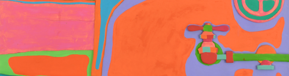 Brightly colored, stylized painting of a kitchen sink scene rendered in flat, high-contrast colors. Neon orange dominates the background, with green outlines framing hanging utensils&mdash;spatulas, forks, and knives&mdash;suspended from a rack. Below them sit two cylindrical cans on a red countertop. At right, a turquoise and orange patterned curtain fills the edge of the composition. The sink basin is outlined in lavender and teal, with a green faucet and red handle, all simplified into bold, graphic shapes. The overall effect is playful and pop-inflected, with exaggerated color and flattened perspective. 