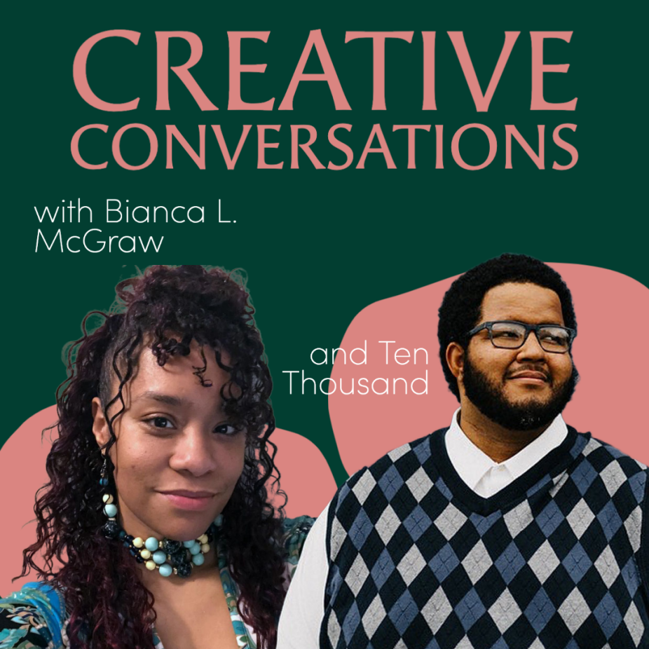 A graphic image with photos of Bianca L. McGraw, a black woman with curly hair, and Ten Thousand, a black man in an argyle vest. 