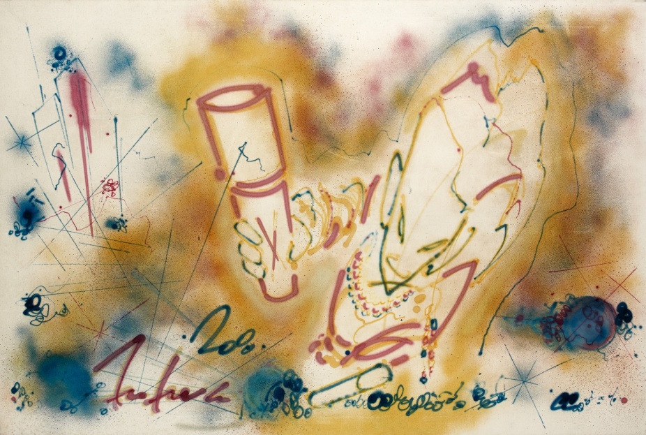 An image of an aerosol painting by artist FUTURA2000 where a figure is pictured at an extremely oblique angle. He holds a can of spray paint marked "X" and beneath the figure is a signature reading "Futura.". 